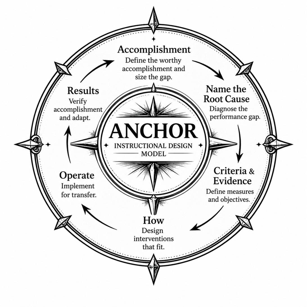 The ANCHOR Model: a compass-style diagram showing six instructional design commitments arranged in a cycle — Accomplishment, Name the Root Cause, Criteria and Evidence, How, Operate, and Results — each anchored to the worthy accomplishment at the center.